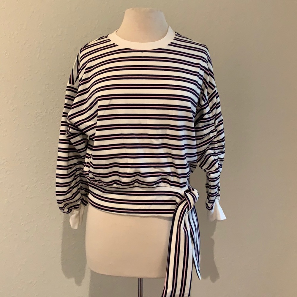 NWT Kenzie ivory blue pink striped slouch tie waist sweater scrunched sleeves S